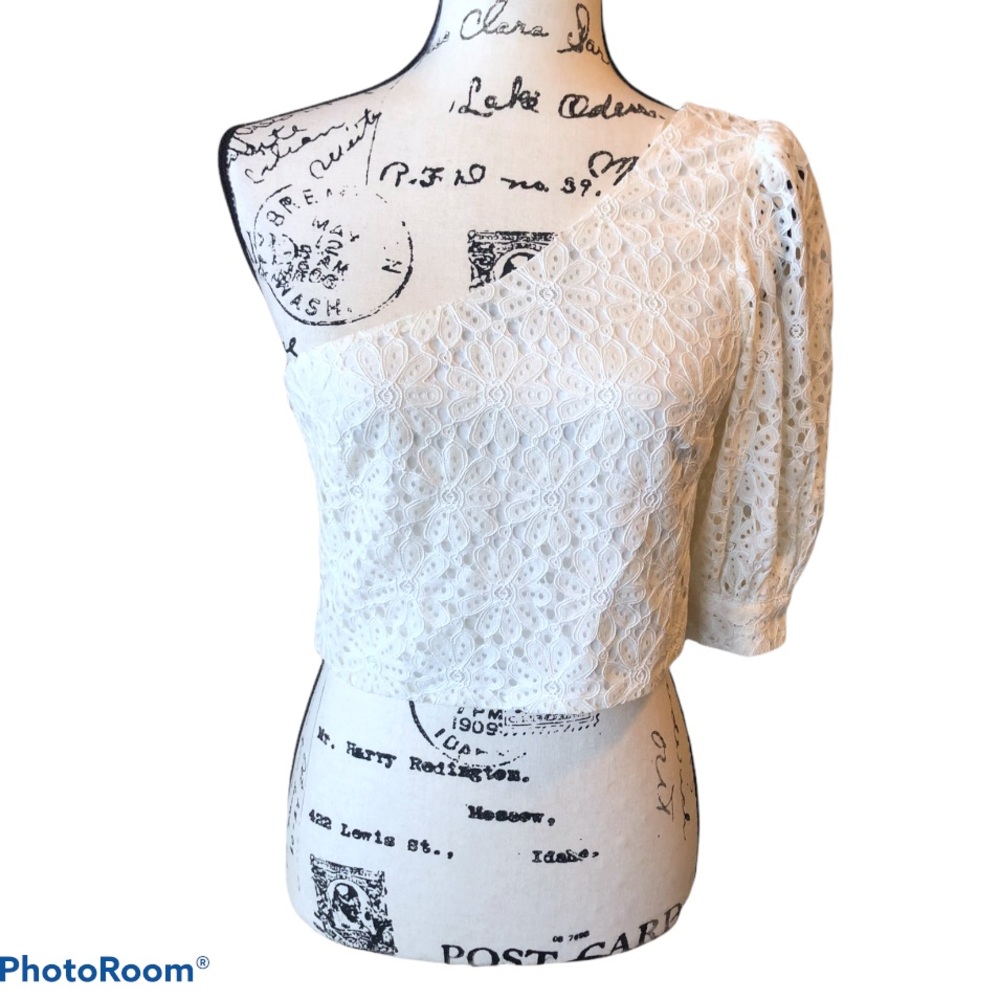 Topshop single puff sleeve floral lace crop blouse